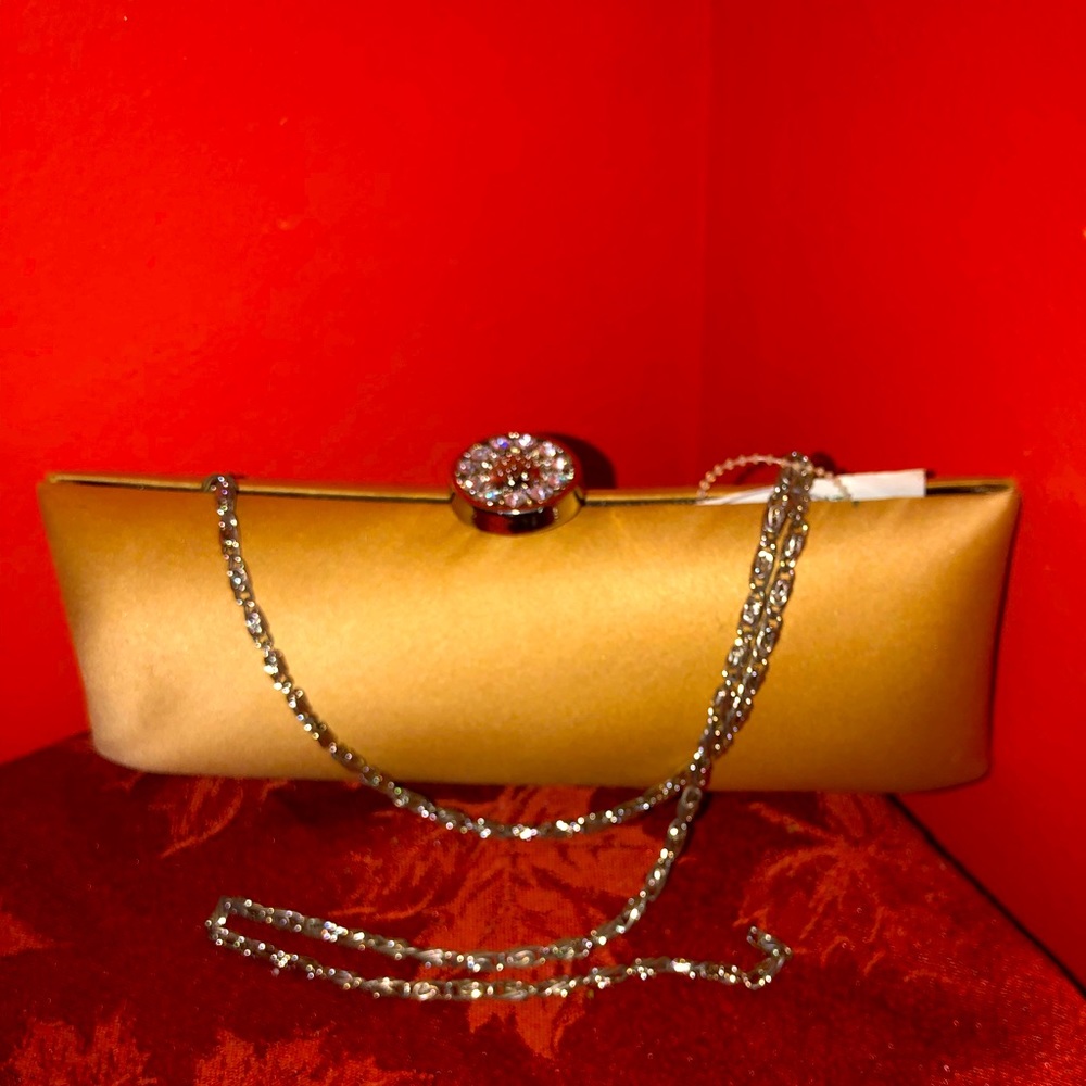 Gold Satin Evening Clutch with a Chain Strap